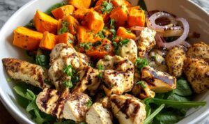 Maple Dijon Chicken Sweet Potato Bowls in white bowl with fresh spinach and garnish
