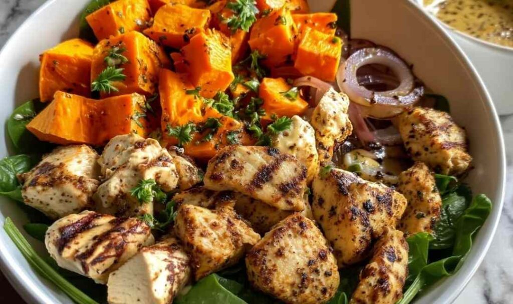 Maple Dijon Chicken Sweet Potato Bowls in white bowl with fresh spinach and garnish