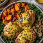 Maple Dijon Chicken Roasted Sweet Potato Bowls with glazed chicken sliced avocado fresh spinach and cranberries