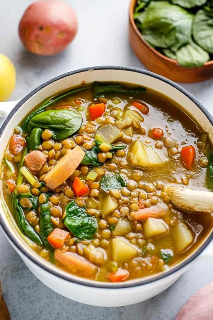 Bowl of Mediterranean lentil soup garnished with fresh parsley and served with crusty bread
