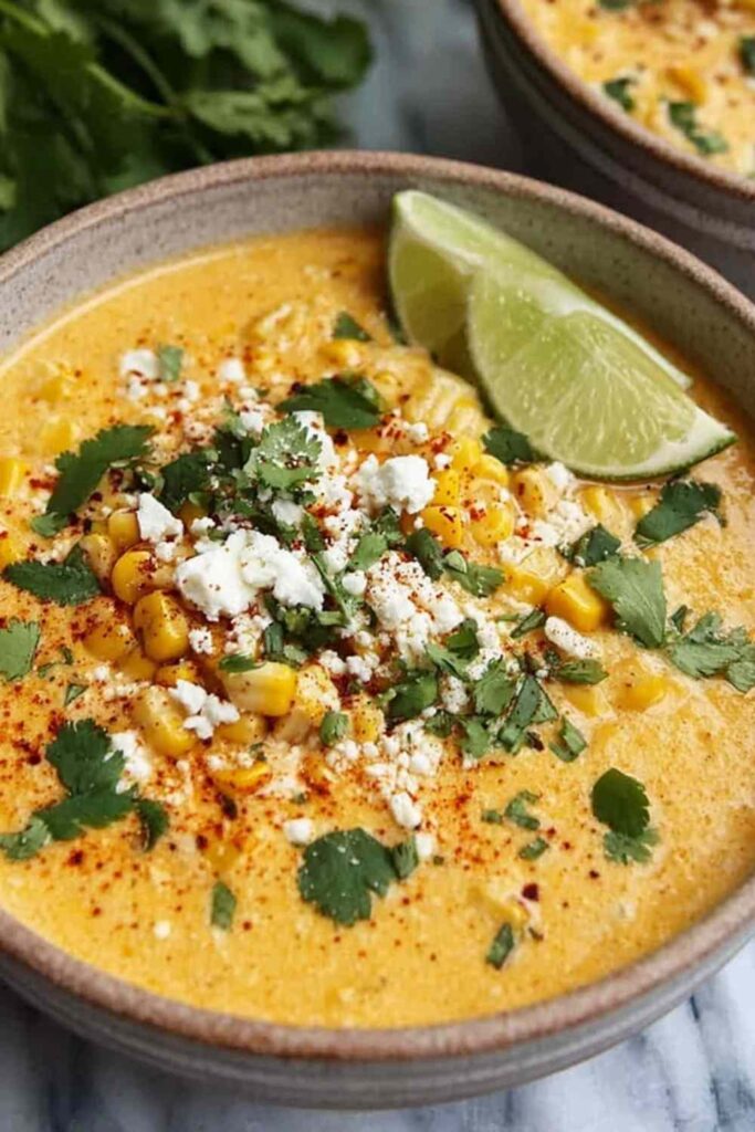 Bowl of creamy Mexican Street Corn Soup topped with cotija cheese, cilantro, and tortilla strips