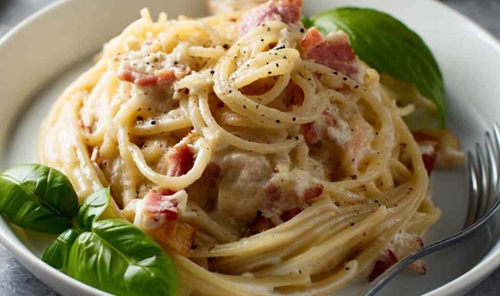 Michael Symon carbonara in white bowl with crispy guanciale and black pepper