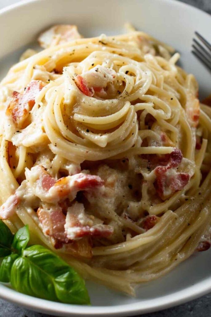Michael Symon carbonara in white bowl with crispy guanciale and black pepper