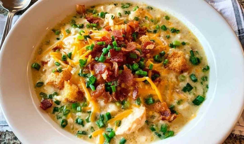 Million dollar chicken soup in white bowl with fresh parsley garnish and crusty bread