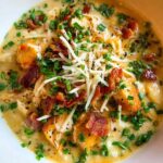 Million dollar chicken soup in white bowl with fresh parsley garnish and crusty bread