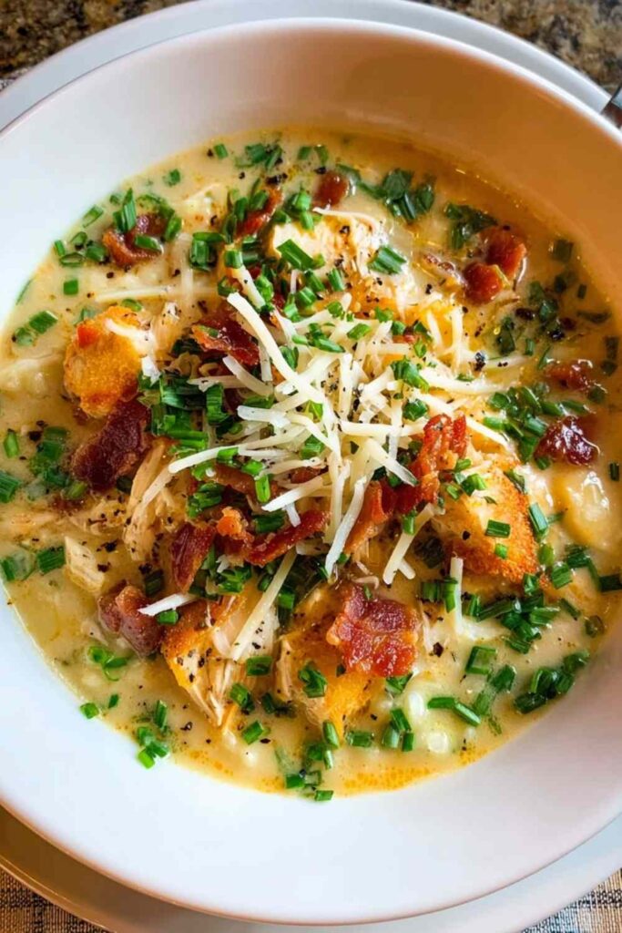 Million dollar chicken soup in white bowl with fresh parsley garnish and crusty bread