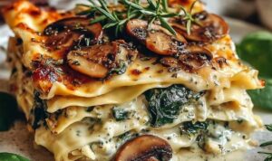 Mushroom and spinach lasagna slice on white plate showing layers of cheese, mushrooms, and spinach