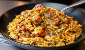 One-pot Cajun chicken Alfredo orzo in skillet with creamy sauce and fresh parsley garnish