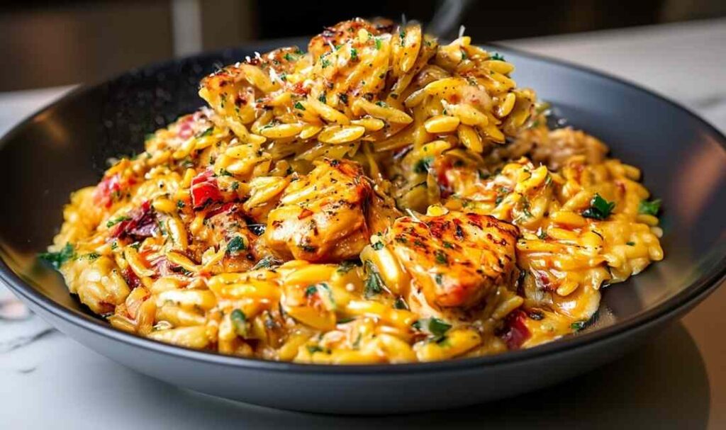 One-pot Cajun chicken Alfredo orzo in skillet with creamy sauce and fresh parsley garnish