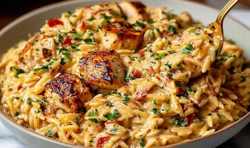 One pot Cajun chicken Alfredo orzo in large pot with creamy sauce and fresh parsley garnish