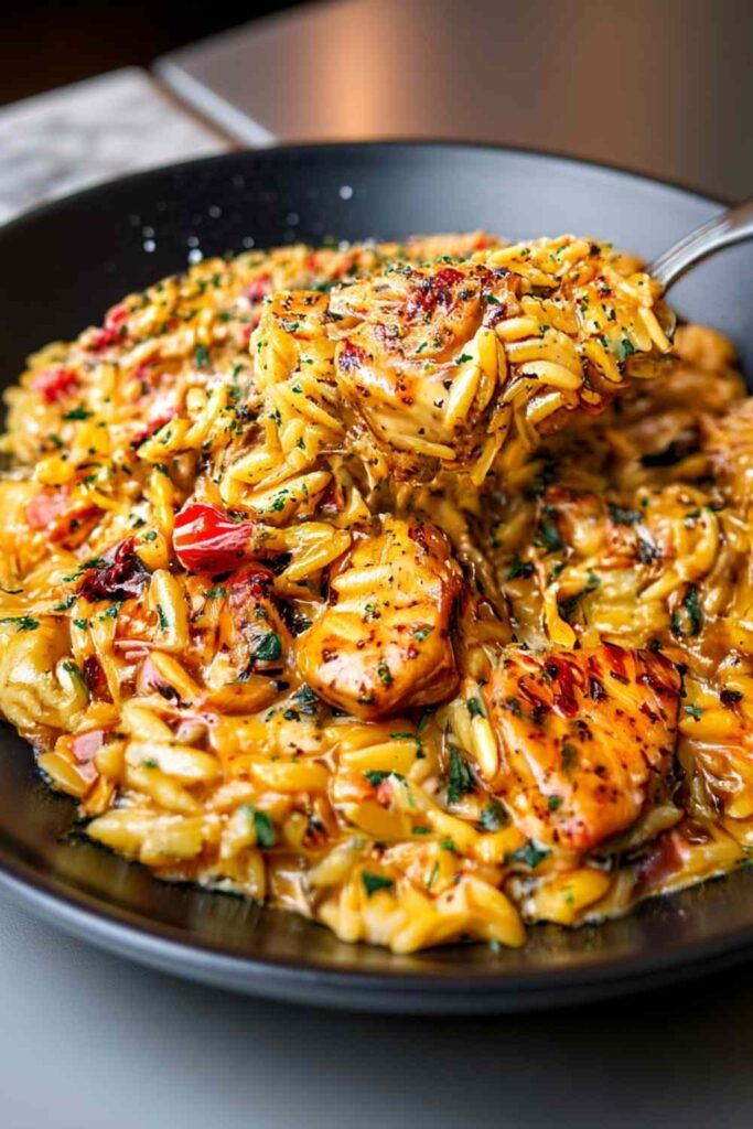 One-pot Cajun chicken Alfredo orzo in skillet with creamy sauce and fresh parsley garnish