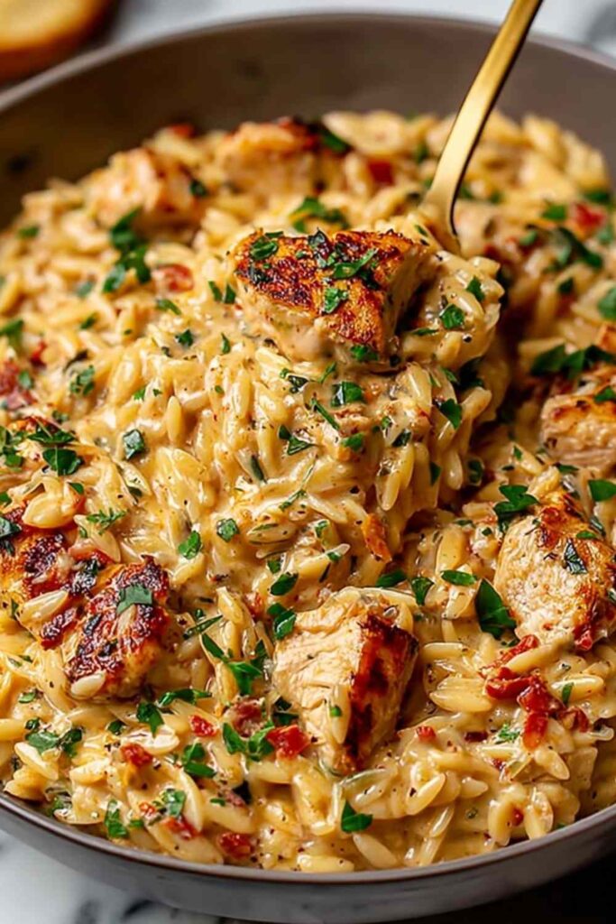 One pot Cajun chicken Alfredo orzo in large pot with creamy sauce and fresh parsley garnish