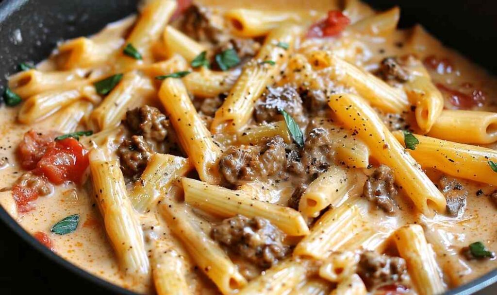 One pot creamy tomato beef pasta in large pot with wooden spoon and fresh basil garnish