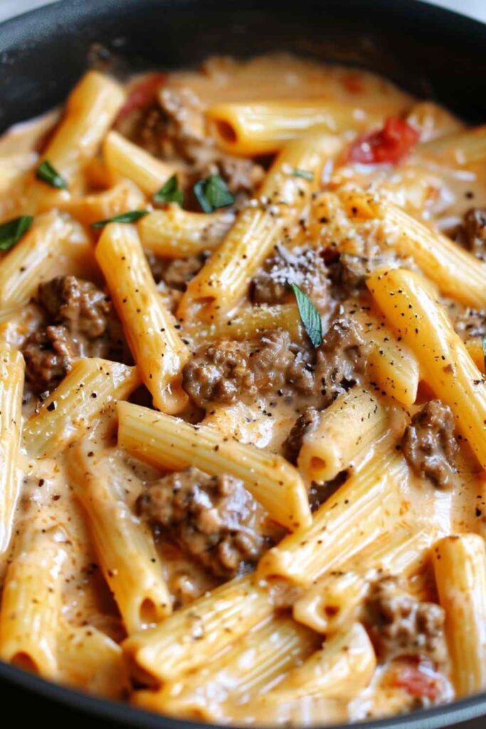 One pot creamy tomato beef pasta in large pot with wooden spoon and fresh basil garnish