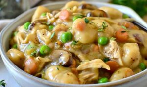 One pot gnocchi chicken pot pie in large pot with creamy sauce and vegetables