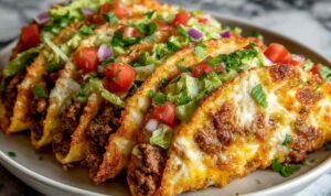 Oven Baked Cheesy Tacos Oven baked cheesy tacos with melted cheese in baking dish