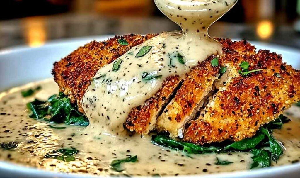 Parmesan crusted chicken with creamy garlic sauce on white plate with asparagus