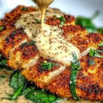 Parmesan crusted chicken with creamy garlic sauce on white plate with asparagus