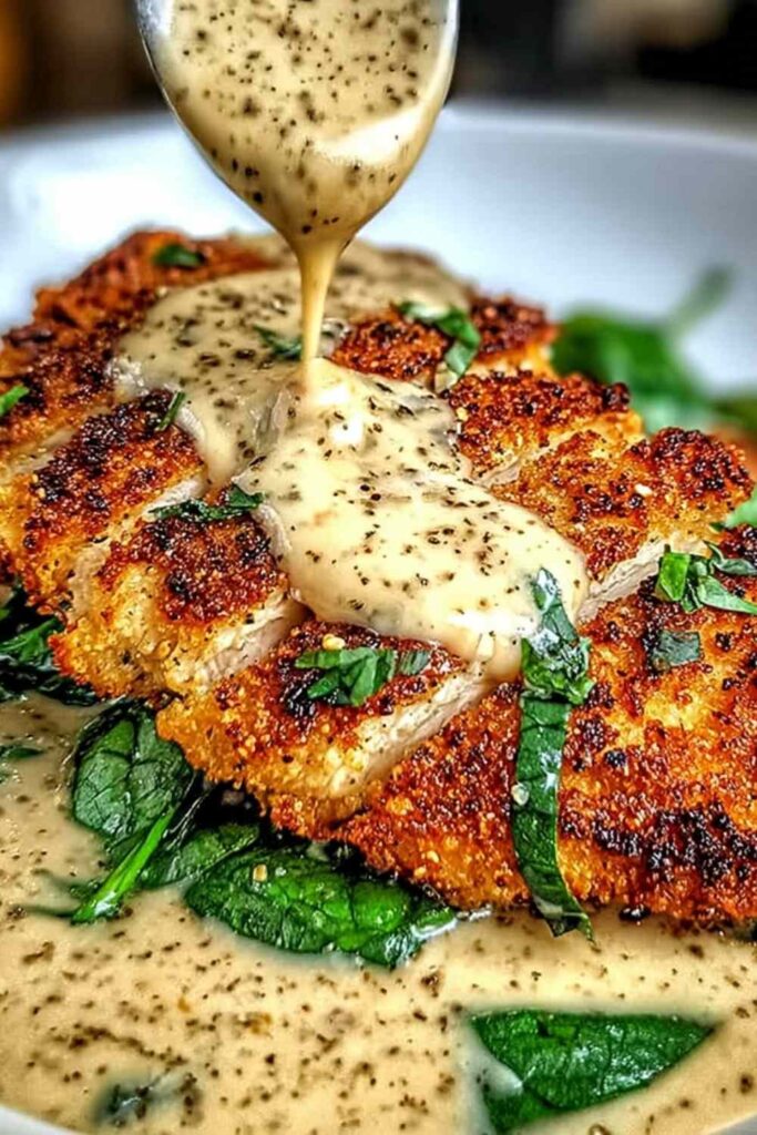 Parmesan crusted chicken with creamy garlic sauce on white plate with asparagus