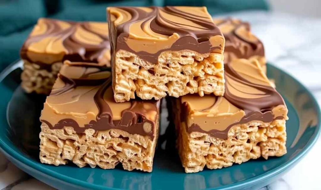 Peanut Butter Rice Krispie Treats 5 Peanut butter Rice Krispie treats stacked on white plate showing gooey texture