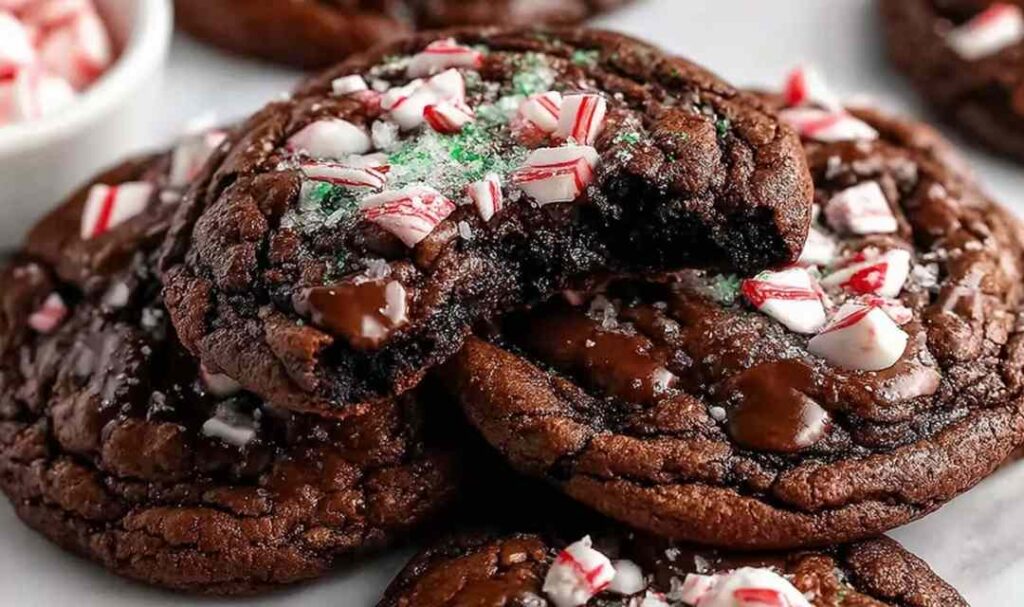 Peppermint brownie cookies with chocolate chips and crushed candy canes on cooling rack