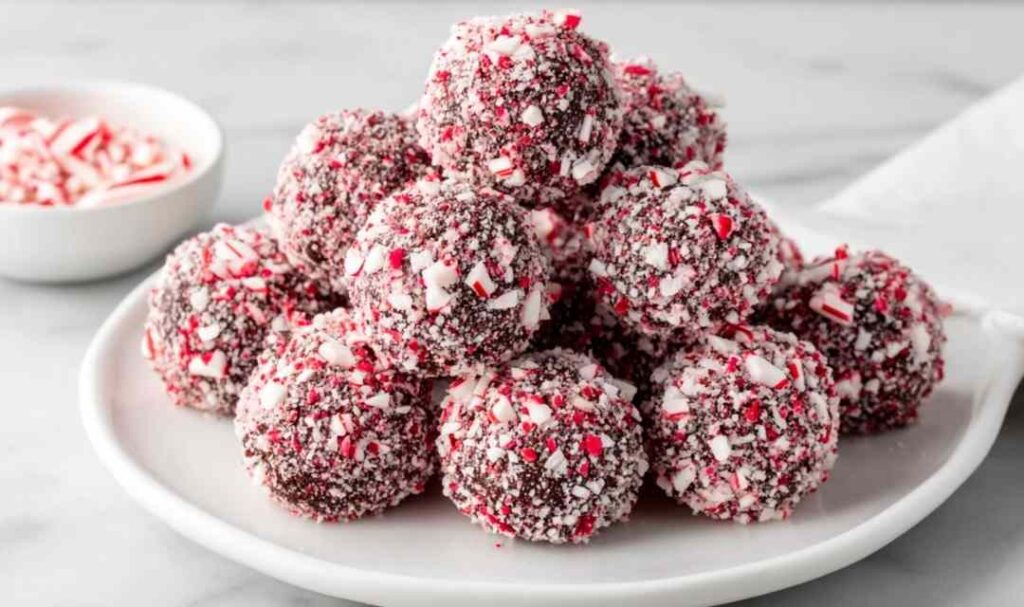 Peppermint Oreo Balls coated in white chocolate with crushed candy canes on top arranged on a festive holiday plate