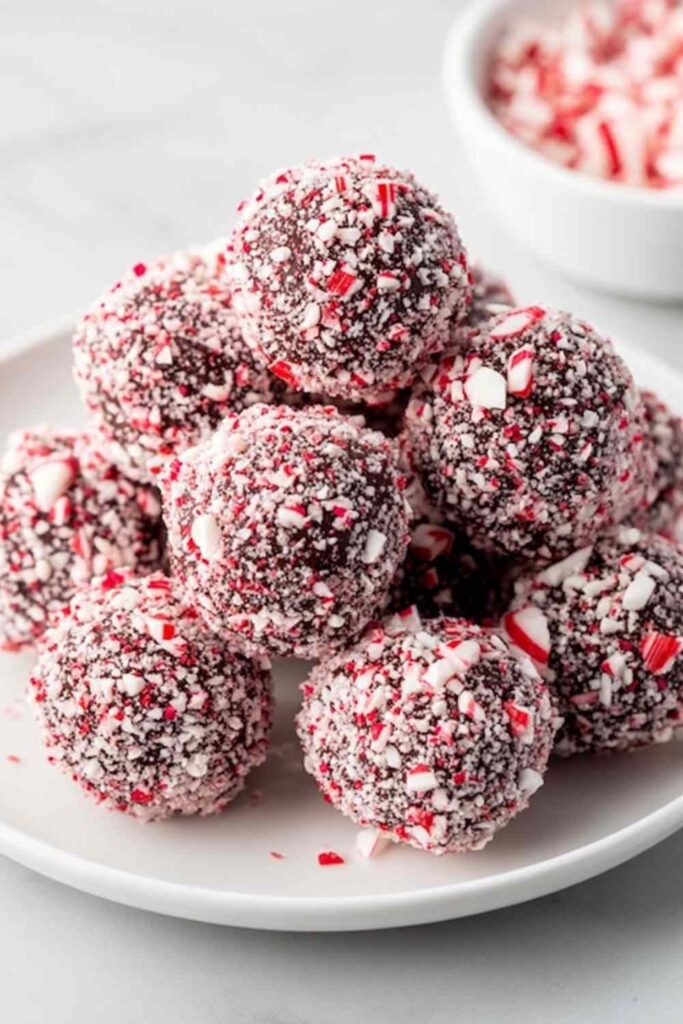 Peppermint Oreo Balls coated in white chocolate with crushed candy canes on top arranged on a festive holiday plate