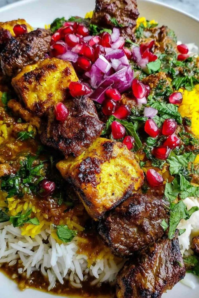 Persian Shish Andaz grilled meat skewers with bell peppers and onions on white platter