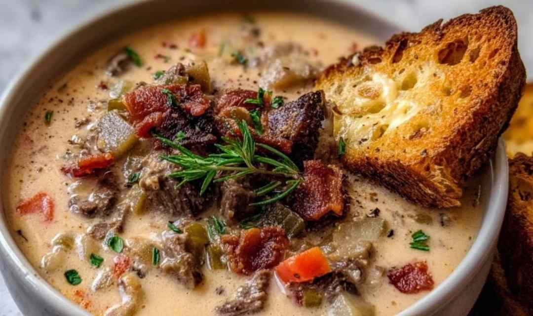 Philly Cheesesteak Soup with Bacon and Cheesy Toast