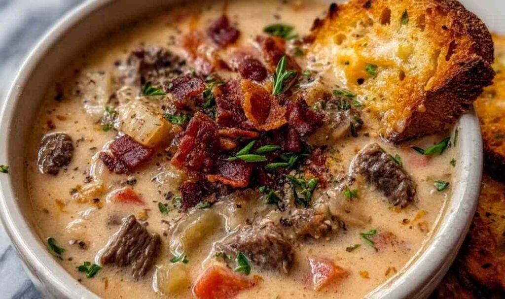 Philly Cheesesteak Soup with Bacon and Cheesy Toast 5 Philly Cheesesteak Soup in white bowl topped with crispy bacon and served with cheesy toast