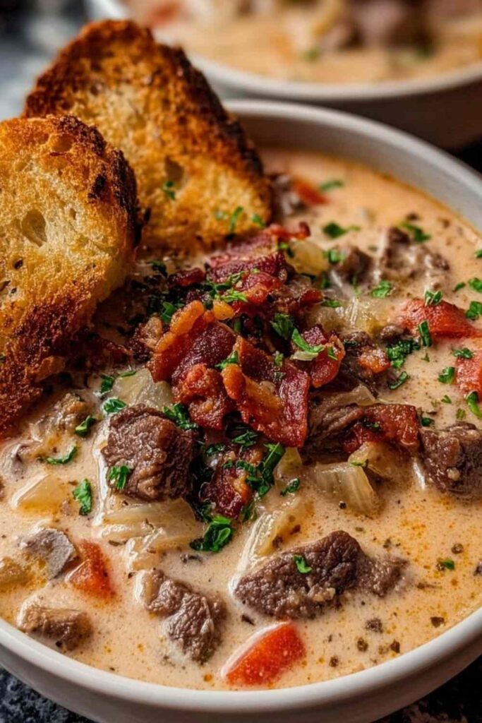 Philly Cheesesteak Soup with Bacon and Cheesy Toast 6 Philly Cheesesteak Soup in white bowl topped with crispy bacon and served with cheesy toast