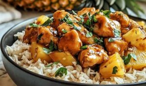 Pineapple chicken and rice in a large skillet with golden chicken pieces, pineapple chunks, and fluffy rice garnished with green onions