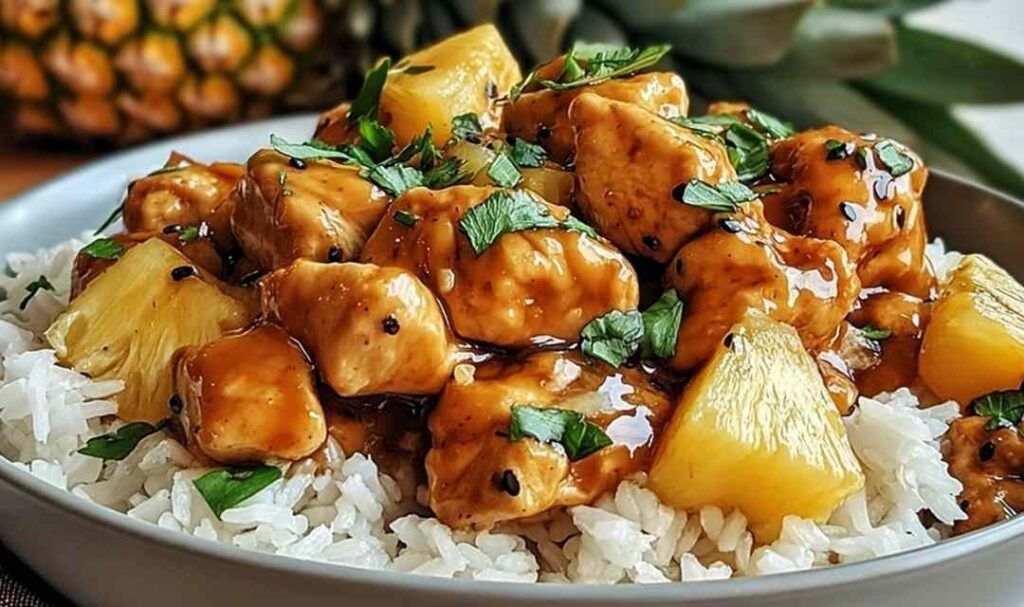 Pineapple chicken and rice in a large skillet with golden chicken pieces, pineapple chunks, and fluffy rice garnished with green onions