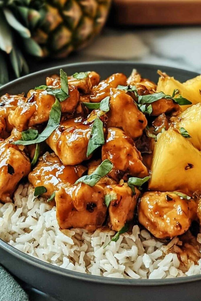 Pineapple chicken and rice in a large skillet with golden chicken pieces, pineapple chunks, and fluffy rice garnished with green onions