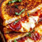 Pizza grilled cheese sandwich cut in half showing melted mozzarella and pepperoni filling