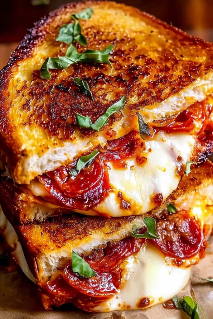 Pizza grilled cheese sandwich cut in half showing melted mozzarella and pepperoni filling