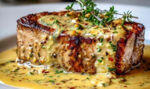 Sliced pork tenderloin with Dijon mustard cream sauce on white plate with parsley garnish