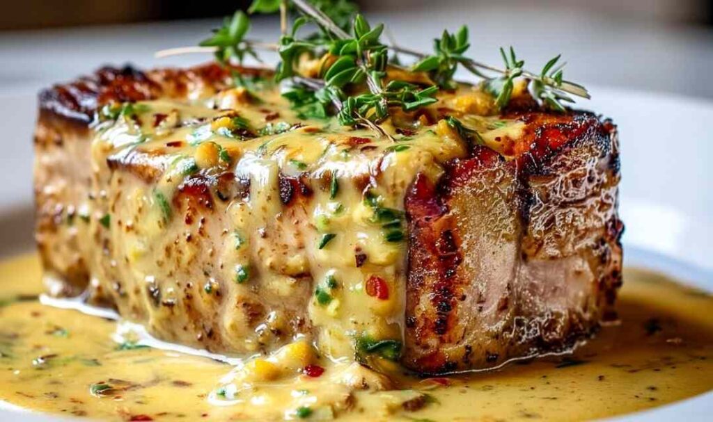 Sliced pork tenderloin with Dijon mustard cream sauce on white plate with parsley garnish