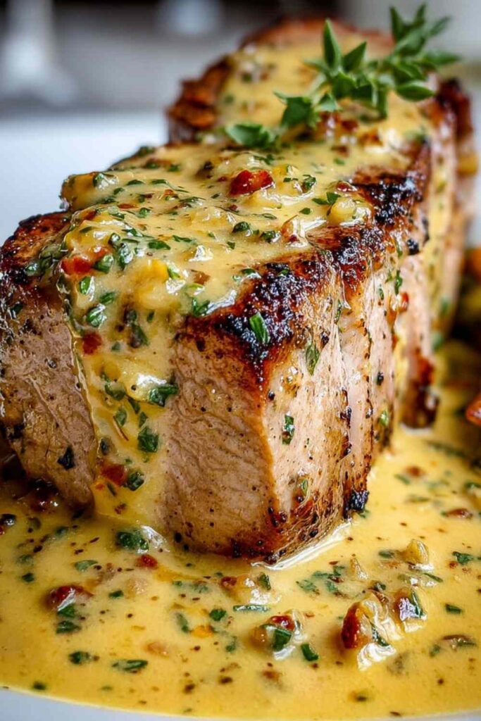 Sliced pork tenderloin with Dijon mustard cream sauce on white plate with parsley garnish