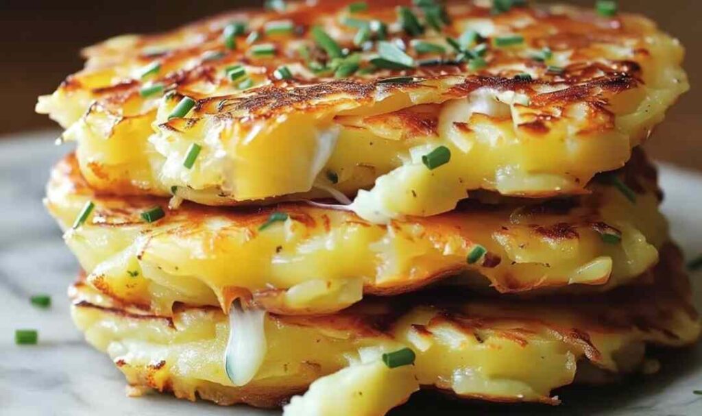 Crispy golden Potato Onion Cheese Pancakes stacked on white plate with sour cream