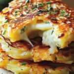 Crispy golden Potato Onion Cheese Pancakes stacked on white plate with sour cream