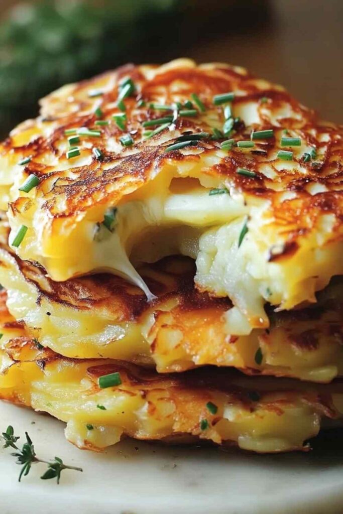 Crispy golden Potato Onion Cheese Pancakes stacked on white plate with sour cream