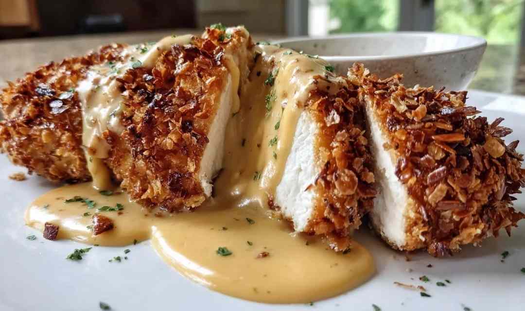 Pretzel Chicken with Mustard Cheddar Sauce