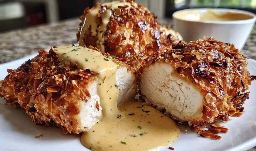 Pretzel chicken with mustard cheddar sauce on white plate with green beans