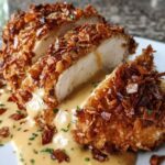 Pretzel chicken with mustard cheddar sauce on white plate with green beans