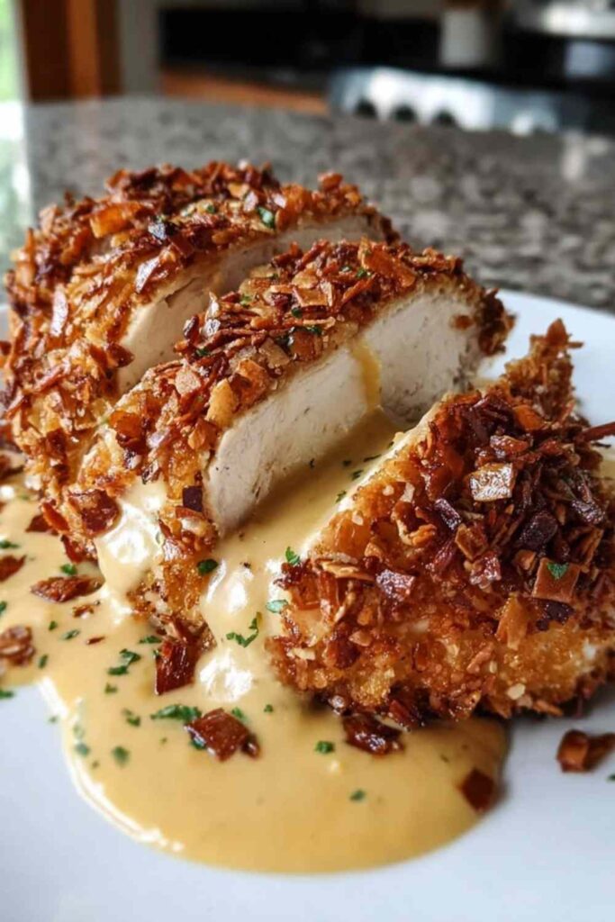 Pretzel chicken with mustard cheddar sauce on white plate with green beans