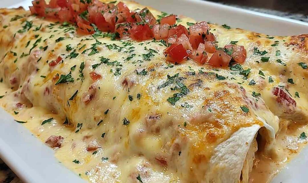 Queso chicken enchiladas bake with melted Velveeta cheese sauce
