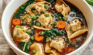 Bowl of potsticker soup with dumplings, spinach, green onions and sesame seeds in aromatic broth