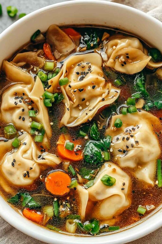 Bowl of potsticker soup with dumplings, spinach, green onions and sesame seeds in aromatic broth