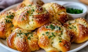 Quick Sourdough Garlic Knots Quick sourdough garlic knots brushed with garlic butter on baking sheet